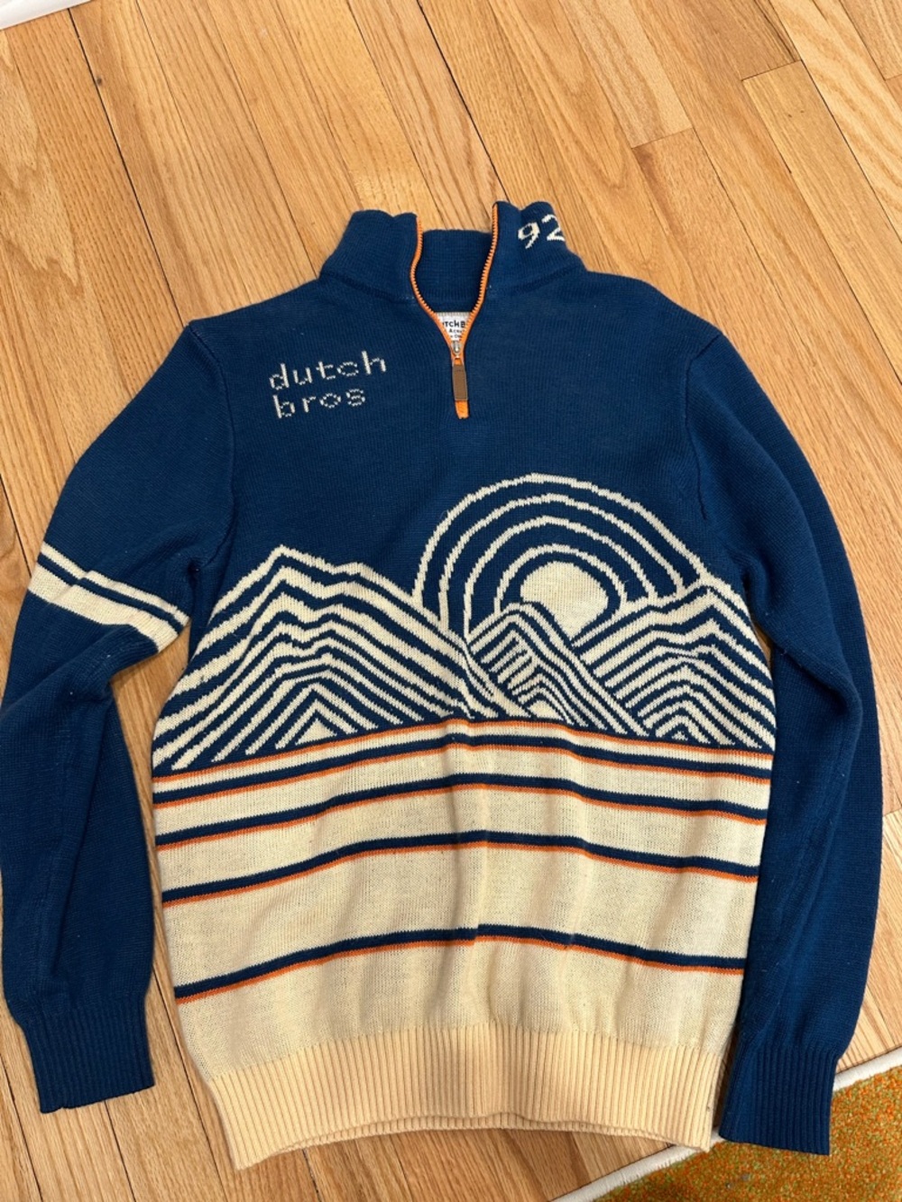 Dutch Bros Navy and Cream Half-Zip Sweater